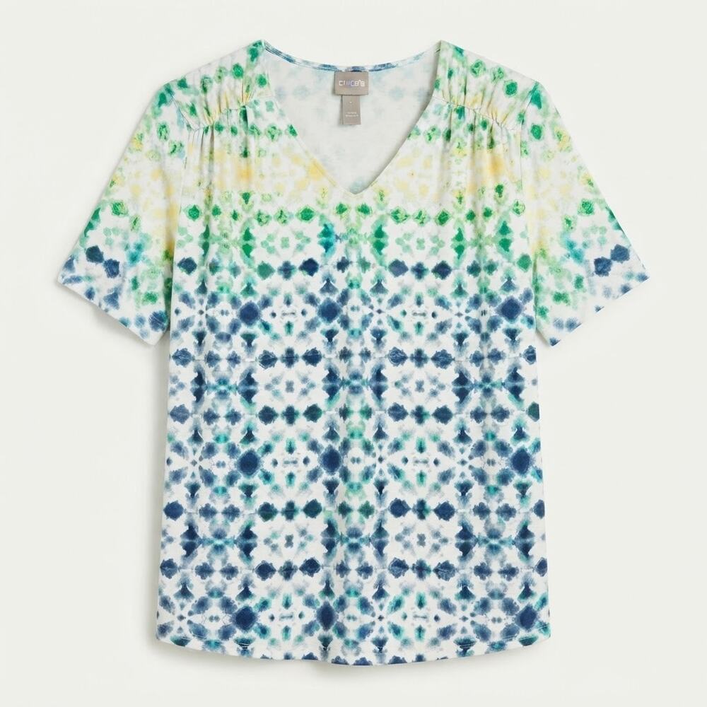 Chico's Women's M Boho Coastal Artsy V-Neck Geometric Print Short Sleeve Top